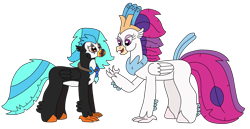 Size: 3177x1643 | Tagged: safe, artist:supahdonarudo, derpibooru import, queen novo, oc, oc:icebeak, classical hippogriff, hippogriff, my little pony: the movie, atg 2023, jewelry, looking at each other, looking at someone, necklace, newbie artist training grounds, simple background, transparent background