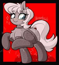 Size: 912x1006 | Tagged: safe, artist:llametsul, derpibooru import, ms. harshwhinny, earth pony, pony, atg 2023, clothes, cute, female, happy, mare, newbie artist training grounds, signature, smiling, solo, stockings, thigh highs, tight fit