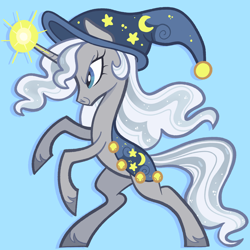 Size: 5000x5000 | Tagged: safe, artist:pilesofmiles, derpibooru import, star swirl the bearded, starswirl the unshorn, pony, unicorn, absurd resolution, cape, clothes, cloven hooves, female, flowing mane, glowing, glowing horn, hat, horn, light blue background, magic, mare, multicolored hair, multicolored mane, rearing, rule 63, side view, simple background, smiling, smirk, solo, tall, witch, witch hat, wizard, wizard hat