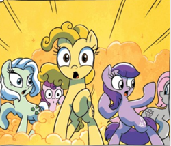 Size: 520x445 | Tagged: safe, artist:amymebberson, derpibooru import, idw, blossom, blue belle, butterscotch (g1), cotton candy (g1), minty (g1), snuzzle, earth pony, pony, g1, g4, spoiler:comic, spoiler:comic16, comic, female, g1 to g4, generation leap, mare, official comic, original six, preview