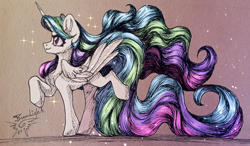Size: 4080x2383 | Tagged: safe, artist:jsunlight, derpibooru import, princess celestia, alicorn, pony, chest fluff, female, long mane, long tail, mare, profile, raised hoof, raised leg, side view, smiling, solo, sparkles, tail, traditional art