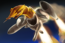 Size: 1500x1000 | Tagged: safe, artist:andromailus, derpibooru import, oc, oc only, original species, plane pony, cruise missile, flying, open mouth, plane, project pluto, rocket, sky, solo, this will end in nuclear fallout