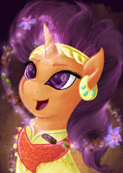 Size: 2480x3508 | Tagged: safe, artist:bethiebo, derpibooru import, saffron masala, pony, unicorn, spice up your life, female, glowing, glowing horn, horn, magic, mare, open mouth, open smile, procreate app, smiling, solo, telekinesis