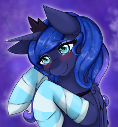 Size: 1710x1839 | Tagged: safe, artist:kittygutzzart, derpibooru import, princess luna, alicorn, pony, blushing, bust, clothes, cute, female, heart, heart eyes, lunabetes, mare, portrait, smiling, socks, solo, striped socks, wingding eyes