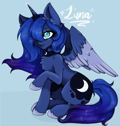 Size: 1961x2048 | Tagged: safe, artist:kittygutzzart, derpibooru import, princess luna, alicorn, pony, blue background, chest fluff, colored wings, colored wingtips, cute, female, hair over one eye, lunabetes, mare, open mouth, open smile, raised hoof, raised leg, simple background, sitting, smiling, solo, wings