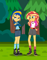 Size: 3039x3840 | Tagged: safe, artist:mlpfan3991, derpibooru import, sunset shimmer, oc, oc:flare spark, equestria girls, boots, camp everfree outfits, camping, clothes, female, friends, shoes, shorts, socks, tomboy, tree, vector