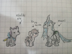 Size: 1600x1200 | Tagged: safe, artist:bloods, derpibooru import, queen chrysalis, oc, oc:alejandrogmj, oc:bloods, changeling, pegasus, pony, changeling oc, graph paper, pegasus oc, spanish text, traditional art