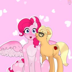 Size: 1073x1073 | Tagged: safe, derpibooru import, applejack, pinkie pie, pegasus, pony, applepie, commission, community related, drawing, ears, female, floppy ears, golden eyes, happy, lesbian, mare, open mouth, romantic, shipping, simple background