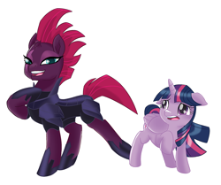 Size: 2150x1800 | Tagged: safe, artist:jackspicerchase, derpibooru import, tempest shadow, twilight sparkle, twilight sparkle (alicorn), alicorn, pony, unicorn, my little pony: the movie, armor, broken horn, concave belly, duo, eye scar, facial scar, female, folded wings, height difference, horn, mare, open mouth, physique difference, scar, simple background, slim, thin, white background, wings