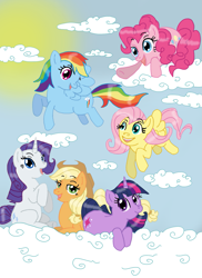 Size: 1275x1755 | Tagged: safe, artist:jackspicerchase, derpibooru import, applejack, fluttershy, pinkie pie, rainbow dash, rarity, twilight sparkle, unicorn twilight, earth pony, pegasus, pony, unicorn, cloud, female, mane six, mare, old art, on a cloud, sky