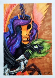 Size: 2763x3898 | Tagged: safe, artist:cahandariella, derpibooru import, oc, oc only, alicorn, lich, undead, armor, clothes, crown, crying, dark magic, fanfic art, female, filly, foal, jewelry, magic, male, marker drawing, necklace, newbie artist training grounds, regalia, robes, screaming, spread wings, stallion, traditional art, wings