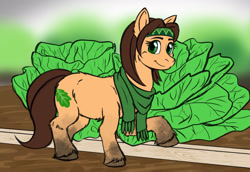 Size: 1599x1100 | Tagged: safe, artist:a0iisa, oc, oc only, earth pony, pony, bandana, cabbage, dirty, farmer, female, flat color, green eyes, looking at you, mare, mud, muddy, scarf, smiling, smiling at you, snowpony (species), solo, taiga pony, thick eyebrows, unnamed oc