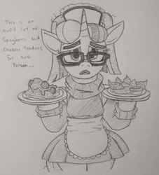 Size: 841x928 | Tagged: safe, artist:jargon scott, derpibooru import, moondancer, pony, unicorn, bipedal, chicken meat, chicken tenders, clothes, dialogue, female, food, frown, grayscale, looking at you, maid, mare, meat, monochrome, open mouth, pasta, pencil drawing, plate, solo, spaghetti, talking to viewer, traditional art