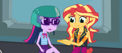 Size: 2100x926 | Tagged: safe, artist:thomaszoey3000, derpibooru import, sci-twi, sunset shimmer, twilight sparkle, human, equestria girls, bandage, clothes, geode of empathy, geode of telekinesis, glasses, helmet, magical geodes, wheel