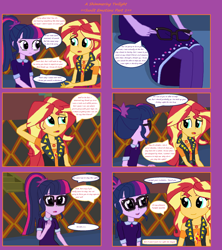 Size: 1808x2039 | Tagged: safe, artist:thomaszoey3000, derpibooru import, sci-twi, sunset shimmer, twilight sparkle, human, comic:a shimmering twilight, equestria girls, clothes, dress, female, geode of empathy, glasses, lesbian, magical geodes, scitwishimmer, shipping, sofa, sunsetsparkle