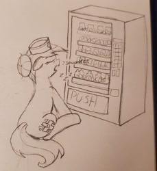 Size: 1849x2018 | Tagged: safe, artist:legendoflink, derpibooru import, nurse redheart, earth pony, eyes closed, female, from behind, mare, onomatopoeia, open mouth, pencil drawing, sitting, sleeping, snoring, solo, sound effects, traditional art, vending machine, zzz