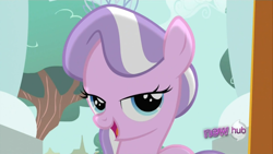 Size: 830x467 | Tagged: safe, derpibooru import, screencap, diamond tiara, ponyville confidential, hub logo, lidded eyes, logo, looking at you, the hub