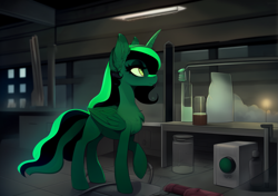 Size: 1473x1036 | Tagged: safe, ai content, derpibooru import, generator:stable diffusion, machine learning generated, oc, oc only, alicorn, pony, fallout equestria, alicorn oc, artificial alicorn, fanfic, fanfic art, female, green alicorn (fo:e), hooves, horn, laboratory, solo, wings