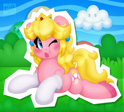 Size: 4000x3601 | Tagged: safe, artist:partylikeanartist, derpibooru import, earth pony, pony, blushing, clothes, cloud, crown, ear piercing, earring, female, gloves, grass, high heels, high res, jewelry, lipstick, looking at you, lying down, mare, nintendo, one eye closed, piercing, ponified, princess peach, prone, redraw, regalia, shoes, sky, solo, species swap, sploot, super mario bros., wink, winking at you