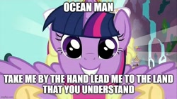 Size: 800x450 | Tagged: safe, derpibooru import, edit, edited screencap, screencap, twilight sparkle, twilight sparkle (alicorn), alicorn, pony, magical mystery cure, caption, clothes, coronation dress, dress, female, flying, image macro, magical mystery cure 10th anniversary, mare, ocean man, solo, song, spongebob squarepants, text, the spongebob squarepants movie