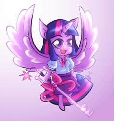 Size: 869x920 | Tagged: safe, artist:azure2006, derpibooru import, twilight sparkle, twilight sparkle (alicorn), alicorn, human, equestria girls, chibi, eared humanization, female, floating, flying, gradient background, happy, horn, horned humanization, humanized, keyblade, kingdom hearts, open mouth, open smile, smiling, solo, spread wings, weapon, winged humanization, wings