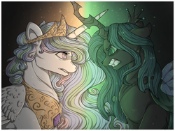 Size: 1280x960 | Tagged: safe, artist:binibean, derpibooru import, princess celestia, queen chrysalis, alicorn, changeling, changeling queen, pony, a canterlot wedding, crossed horns, female, glare, gradient background, gritted teeth, horn, horns are touching, looking at each other, looking at someone, mare, scene interpretation, teeth