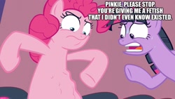 Size: 1920x1080 | Tagged: safe, derpibooru import, edit, edited screencap, screencap, pinkie pie, twilight sparkle, twilight sparkle (alicorn), alicorn, earth pony, pony, a trivial pursuit, belly, caption, duo, faic, female, fetish fuel, hungry, image macro, looking at belly, mare, nervous sweat, stomach growl, stomach noise, sweat, text, tummy poke