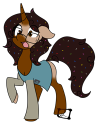 Size: 2060x2600 | Tagged: safe, artist:lex-i-paws, derpibooru import, oc, oc only, oc:chocolate sprinkler, pony, unicorn, clothes, ears, floppy ears, glasses, high res, human to pony, open mouth, raised hoof, raised leg, shocked, simple background, solo, species swap, transformation, transgender transformation, transparent background