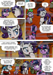 Size: 1204x1700 | Tagged: safe, artist:tarkron, derpibooru import, rarity, spike, twilight sparkle, twilight sparkle (alicorn), alicorn, dragon, pony, unicorn, comic:the royal sandal, comic, open mouth, smoke, speech bubble