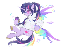 Size: 3412x2634 | Tagged: safe, artist:spoosha, derpibooru import, twilight sparkle, twilight sparkle (alicorn), alicorn, pony, can, candy, clothes, colored wings, cutie mark on clothes, female, food, glasses, hoof hold, implied lesbian, implied shipping, implied sunsetsparkle, jacket, jewelry, lollipop, mare, moon, multicolored wings, rainbow wings, round glasses, simple background, soda, soda can, solo, sparkles, stars, sunset shimmer's cutie mark, underhoof, white background, wings