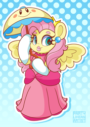 Size: 2849x4000 | Tagged: safe, artist:partylikeanartist, derpibooru import, fluttershy, parasol, pegasus, pony, bipedal, clothes, cosplay, costume, crossover, dress, ear piercing, earring, female, gloves, jewelry, lipstick, mare, parasol (umbrella), perry, piercing, ponified, princess peach, solo, species swap, super mario bros., super princess peach, umbrella