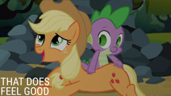 Size: 2000x1125 | Tagged: safe, derpibooru import, edit, edited screencap, editor:quoterific, screencap, applejack, spike, spike at your service, back scratching