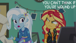 Size: 2000x1125 | Tagged: safe, derpibooru import, edit, edited screencap, editor:quoterific, screencap, sunset shimmer, trixie, better together, equestria girls, forgotten friendship