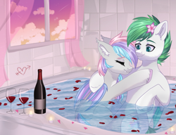 Size: 1433x1101 | Tagged: safe, artist:freyamilk, derpibooru import, oc, oc:dreamer skies, oc:dreamyway skies, bat pony, pegasus, alcohol, bat pony oc, bat wings, bathroom, bathtub, bottle, brother and sister, candle, cloud, commission, cuddling, curtains, ear fluff, ear tufts, ears, eyebrows, eyelashes, eyes closed, fangs, female, flower, flower in hair, glass, hair accessory, incest, male, mare, oc x oc, pegasus oc, petals, romantic, rose petals, shipping, sibling love, siblings, stallion, sunset, tiled background, water, window, wine, wine bottle, wine glass, wings, ych result