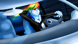 Size: 4000x2250 | Tagged: safe, artist:sixes&sevens, derpibooru import, rainbow dash, human, fanfic:the sunset archives, equestria girls, breasts, car, clothes, driving, fanfic art, female, jacket, leaning, leaning back, leather, leather jacket, lips, rainboob dash, reasonably sized breasts, solo, steering wheel, tomboy