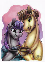 Size: 2475x3458 | Tagged: safe, artist:lupiarts, derpibooru import, boulder (pet), maud pie, mudbriar, boulder, copic, couple, drawing, family, female, illustration, love, male, markers, romance, romantic, traditional art