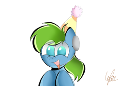 Size: 2732x1942 | Tagged: safe, artist:lydia, derpibooru import, oc, oc only, oc:kurt, earth pony, pony, happy, happy birthday, hat, headphones, headset, laughing, looking at you, male, microphone, open mouth, party hat, simple background, smiling, smiling at you, solo, white background