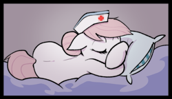 Size: 973x560 | Tagged: artist needed, safe, derpibooru import, nurse redheart, earth pony, pony, bed, cute, eyes closed, female, heartabetes, mare, pillow, sleeping, solo