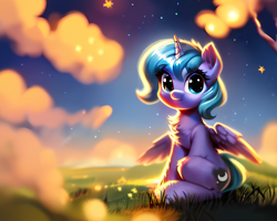 Size: 2560x2048 | Tagged: safe, ai content, derpibooru exclusive, derpibooru import, editor:felisamafeles, generator:pony diffusion v5, generator:purplesmart.ai, generator:stable diffusion, machine learning assisted, machine learning generated, princess luna, alicorn, pony, g4, chest fluff, cloud, depth of field, female, field, filly, flower, fluffy, foal, fur, night, night sky, sitting, sky, smiling, soft color, solo, woona, younger