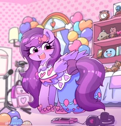 Size: 1959x2048 | Tagged: safe, alternate version, artist:leo19969525, derpibooru import, oc, oc:emilia starsong, pegasus, balloon, bow, clothes, commission, dress, female, gala dress, happy, headphones, heart, helium tank, plushie, room, solo, tail, tail bow