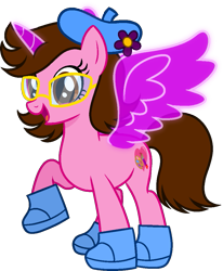 Size: 849x1029 | Tagged: safe, artist:loopydalamb, artist:tanahgrogot, derpibooru import, oc, oc only, oc:tiffany fisher, alicorn, earth pony, pony, series:the guardian of leadership, base used, clothes, earth pony oc, female, flower, glasses, happy, hat, looking at you, magic, mare, medibang paint, open mouth, open smile, shoes, simple background, smiling, smiling at you, solo, transparent background