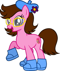 Size: 843x1002 | Tagged: safe, artist:loopydalamb, artist:tanahgrogot, derpibooru import, oc, oc only, oc:tiffany fisher, earth pony, pony, series:the guardian of leadership, base used, clothes, earth pony oc, female, flower, glasses, happy, hat, looking at you, mare, medibang paint, open mouth, open smile, shoes, simple background, smiling, smiling at you, solo, transparent background