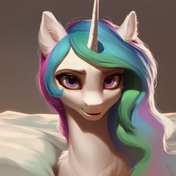 Size: 1032x1032 | Tagged: safe, ai content, derpibooru import, machine learning generated, princess celestia, alicorn, pony, bed, cute, female, fluffy, looking at you, mare, smiling, solo