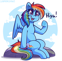 Size: 2050x2029 | Tagged: safe, artist:graphene, derpibooru import, rainbow dash, pegasus, pony, cloud, dialogue, eye clipping through hair, eyebrows, eyebrows visible through hair, female, happy, mare, open mouth, open smile, rock, simple background, sitting, smiling, solo, spread wings, waving, wings