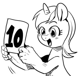 Size: 824x806 | Tagged: safe, artist:nekubi, derpibooru import, lyra heartstrings, pony, unicorn, bipedal, black and white, excited, grayscale, hand, holding, monochrome, open mouth, reaction image, score card, solo, that pony sure does love hands