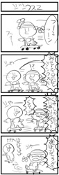 Size: 500x1473 | Tagged: safe, artist:nekubi, derpibooru import, jinx, earth pony, pony, 4 panel comic, 4koma, ><, amputee, bully, bullying, comic, eyes closed, japanese, katawa jinx, laughing, monochrome, scooter, sketch, translation request