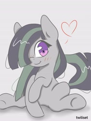 Size: 3072x4096 | Tagged: safe, artist:twiliset, derpibooru import, marble pie, earth pony, pony, cute, gray background, happy, heart, looking at you, simple background, smiling, smiling at you, solo