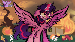 Size: 1150x648 | Tagged: safe, artist:tiaviva, derpibooru import, twilight sparkle, twilight sparkle (alicorn), alicorn, pony, twilight's kingdom, blood, crying, fire, golden oaks library, messy mane, nosebleed, scene interpretation, screencap reference, solo, tears of anger