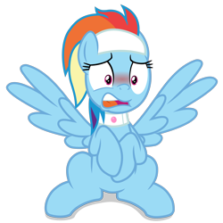 Size: 4000x4000 | Tagged: safe, artist:gypsykumquat, derpibooru import, rainbow dash, pegasus, pony, spoiler:deep tissue memories, .svg available, absurd resolution, alternate hairstyle, blushing, caught, deep tissue memories, embarrassed, female, headband, high res, inkscape, looking at you, show accurate, simple background, sitting, solo, spa pony, spa pony rainbow dash, spread wings, svg, transparent background, vector, wings