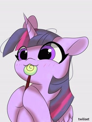 Size: 3072x4096 | Tagged: safe, artist:twiliset, derpibooru import, twilight sparkle, twilight sparkle (alicorn), alicorn, pony, :3, big eyes, candy, cute, female, food, happy, lollipop, looking at you, mare, simple background, smiling, smiling at you, solo, twiabetes